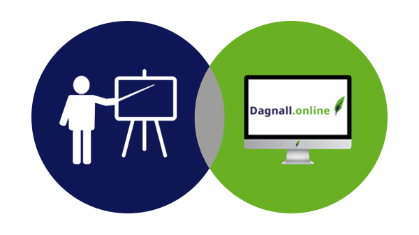 Overlappende donkerblauwe cirkel met icoon lesgeven en groene cirkel met computerscherm met Dagnall.online logo op transparante achtergrond - 600 * 337 pixels